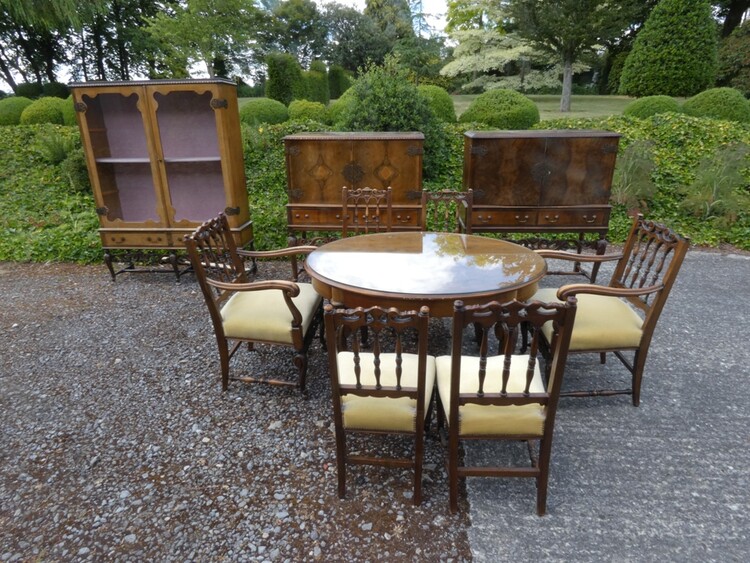 C 852 - Jacobin dining set two cabinets vitrine table 4 chairs 2 armchairs